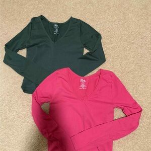 Fct Long Sleeve V-Neck Tops in Green and Pink